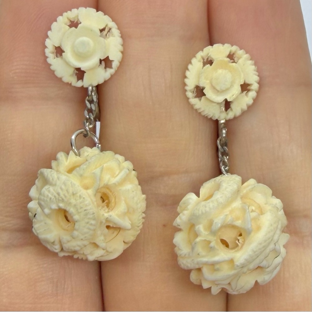 Elegant Chinese Puzzle Carved Cream Floral Drop Earrings Screwback Dangle